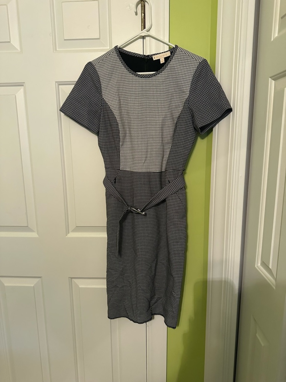 Etcetera Domino Geometric Jacquard Short Sleeve Belted Dress Size 6